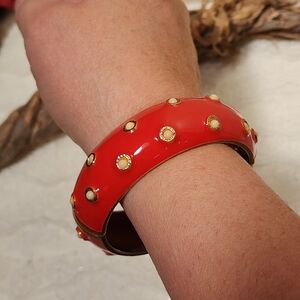 Vintage Red Enamel Studded Faux Pearl Magnetic Cuff Clamper Bangle Bracelet